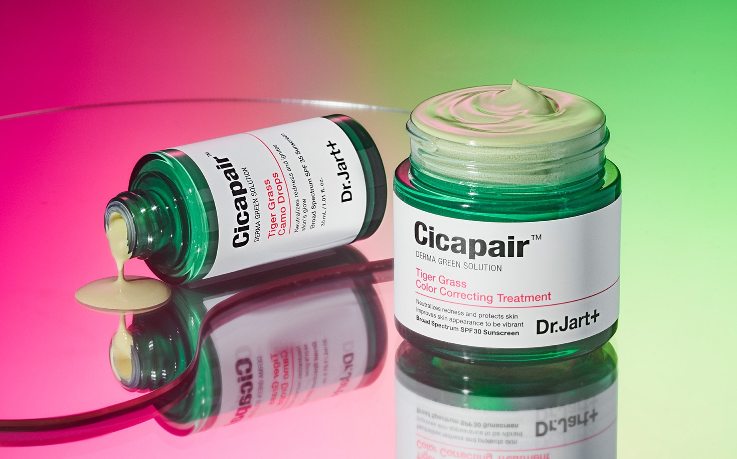 Cicapair Camo Drops bottle and Color Correcting Treatment jar with ombre back drop. Open containers reveal smooth, green texture